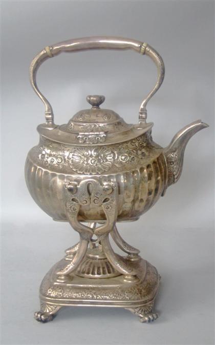 Appraisal: Sterling silver repousse hot water kettle on stand tiffany co