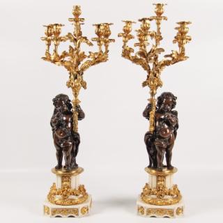 Appraisal: PAIR OF BRONZE AND MARBLE LIGHT CANDELABRA IMPRESSIVE PAIR OF