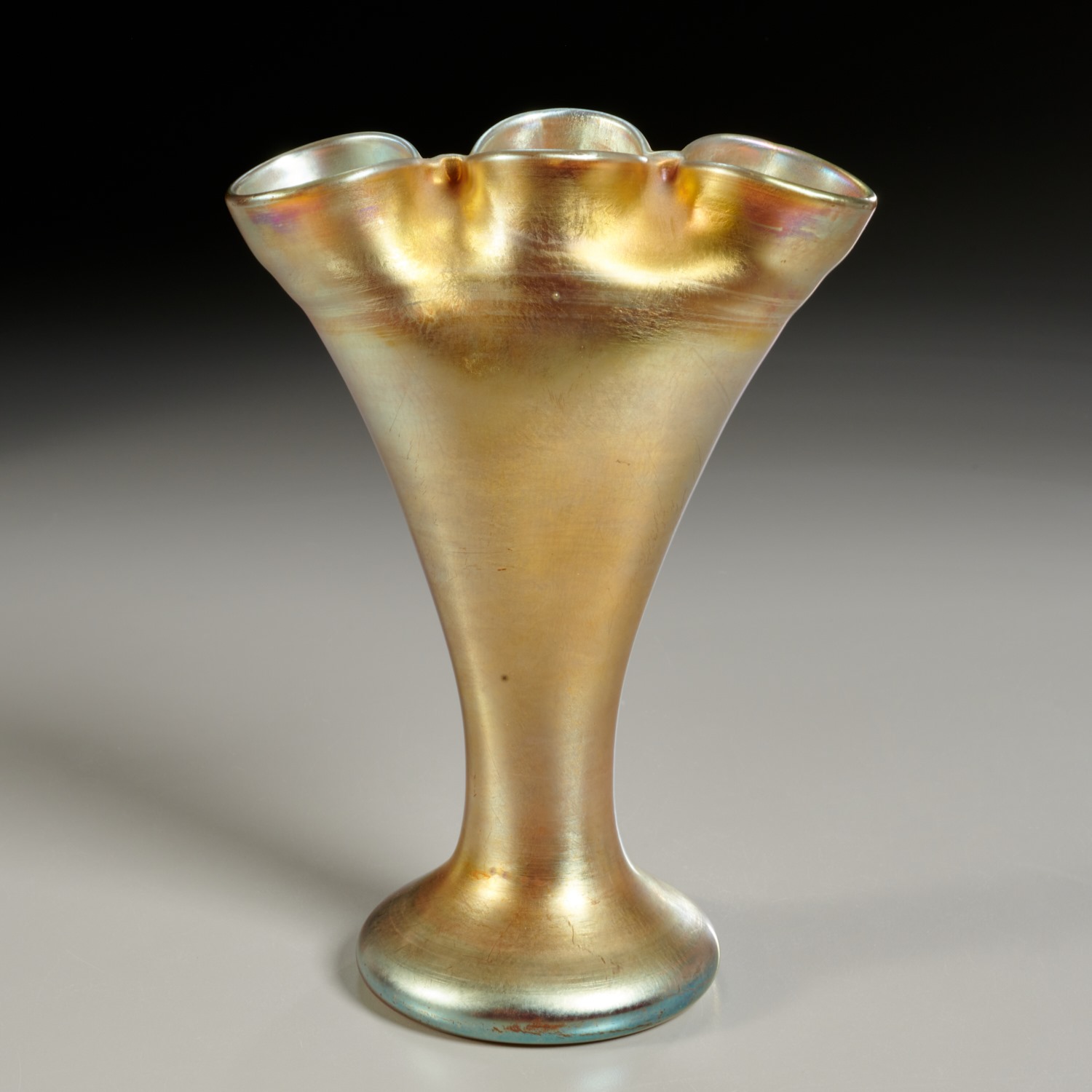 Appraisal: RARE TIFFANY FAVRILE GLASS TRIPLE-SPOUTED VASE c American iridescent gold