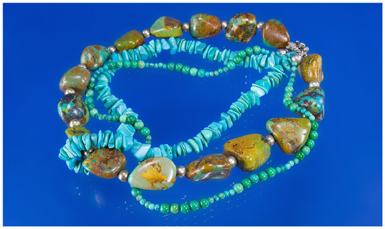 Appraisal: Turquoise Matrix And Bead Three Strand Necklace Free Form Stones