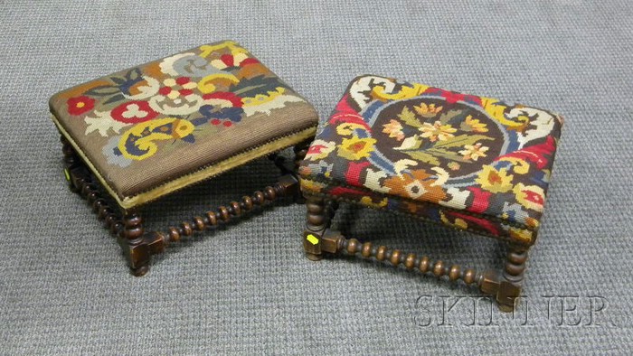 Appraisal: Pair of Jacobean-style Needlepoint Upholstered Oak Spool-turned Footstools ht lg