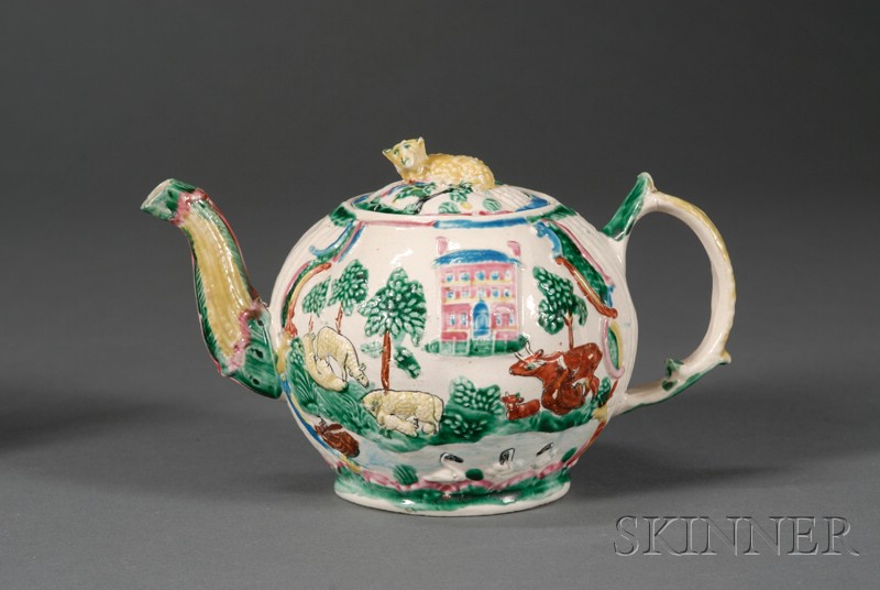 Appraisal: Staffordshire Enameled White Saltglazed Stoneware Landscape Teapot and Cover England