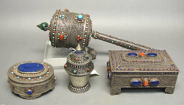 Appraisal: A group of four hardstone-overlaid silver ornaments th Century Including