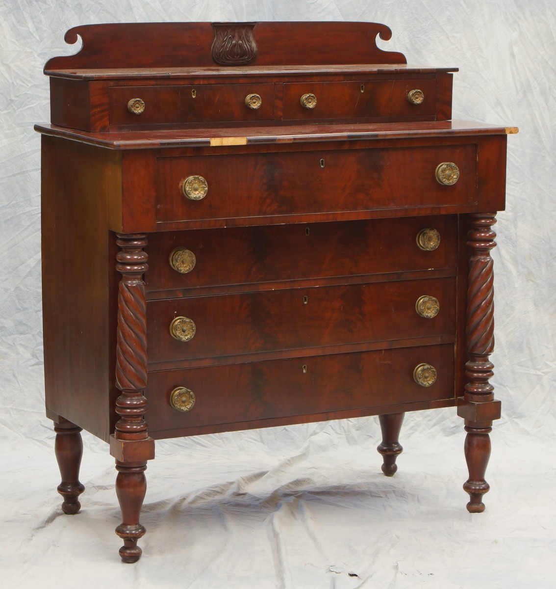 Appraisal: Sheraton conversion crotch mahogany chest drawer over drawer -drawer jewel