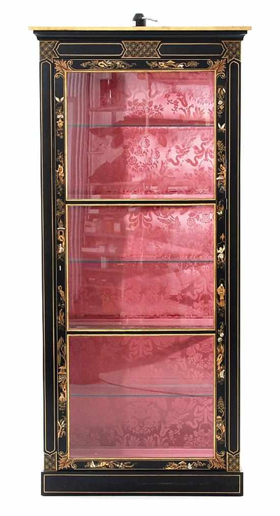 Appraisal: Chinoiserie-decorated curio cabinet possibly Baker Furniture Co molded cornice and