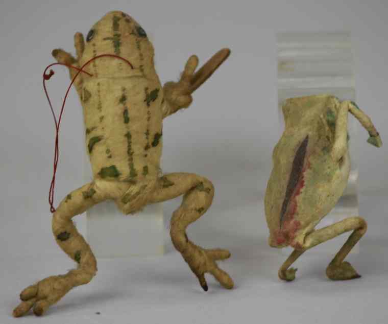 Appraisal: TWO COTTON FROG ORNAMENTS Germany pressed and spun cotton frog