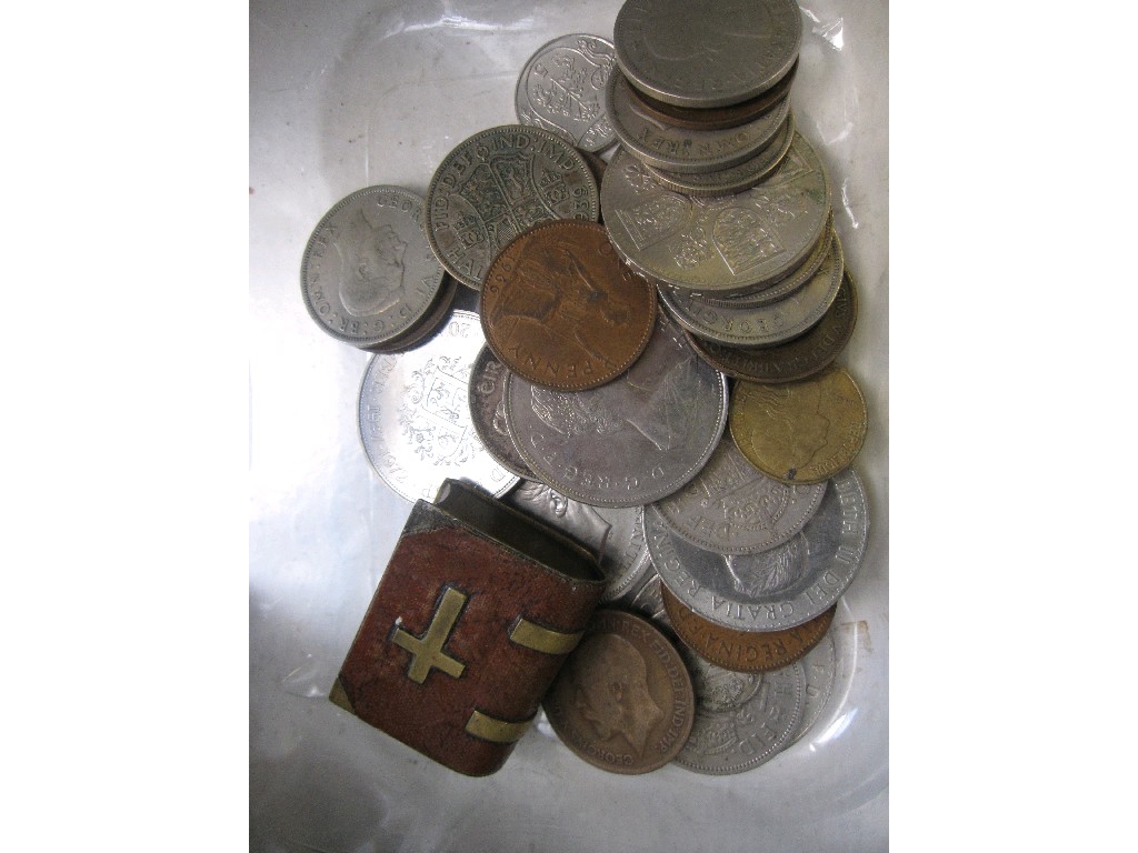 Appraisal: Box of assorted coins and a Bible cigarette lighter