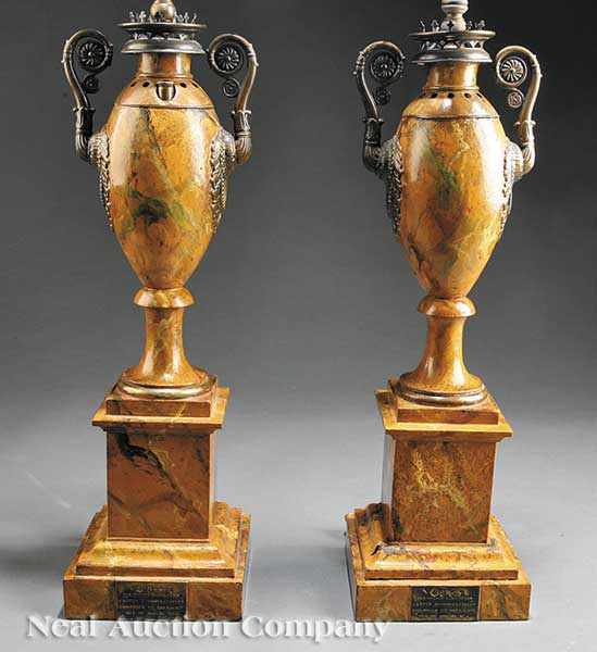 Appraisal: A Pair of French Neoclassical Hydrostatic Oil Lamps c the