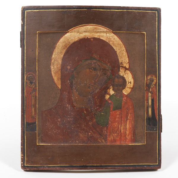 Appraisal: RUSSIAN ICON OF MADONNA AND CHILD x Tempera on gessoed