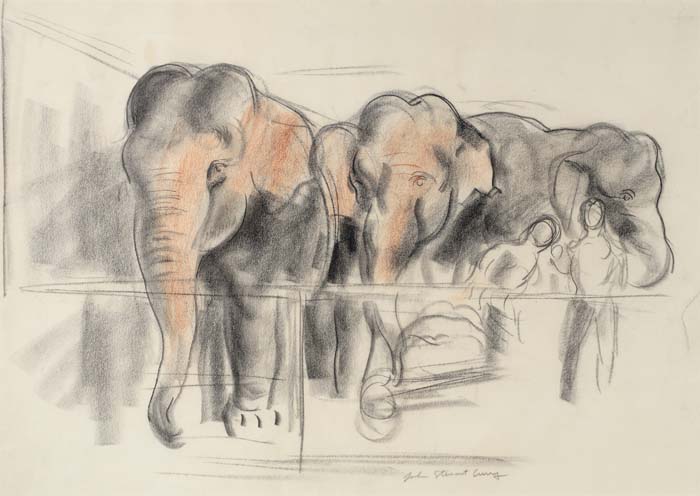 Appraisal: JOHN STEUART CURRY Circus Elephants Black and reddish brown chalk