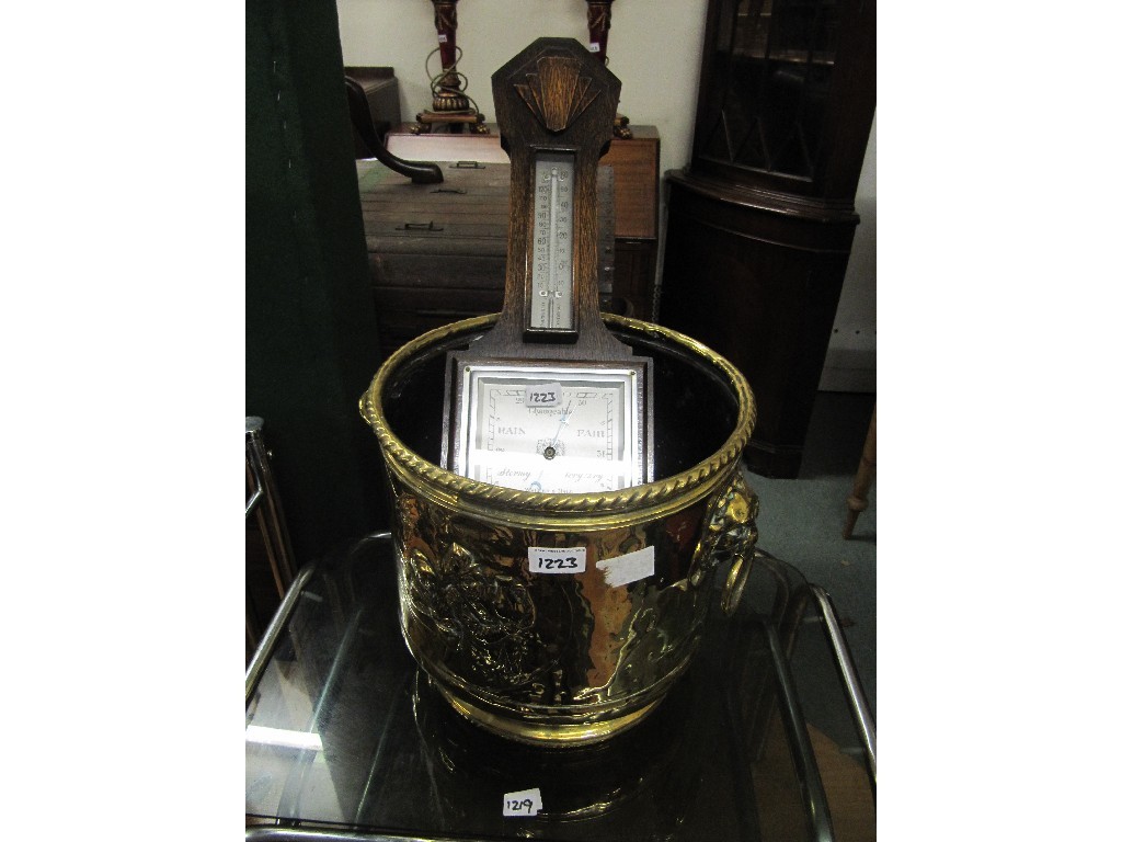 Appraisal: Brass jardiniere and an oak wall barometer