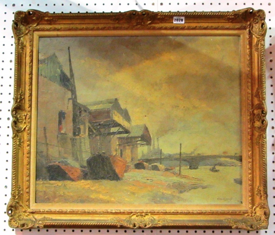 Appraisal: George William Leech th century Industrial waterfront oil on canvas