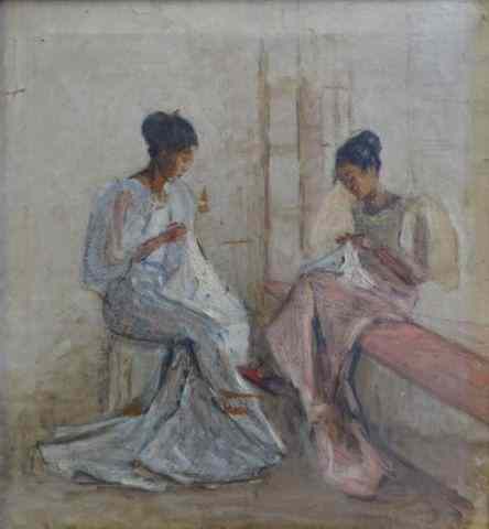 Appraisal: Inscribed O C of Asian Women Sewing In an Asian-style