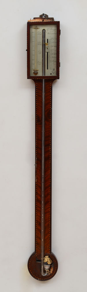 Appraisal: GEORGE III INLAID MAHOGANY STICK BAROMETER The rectangular steel dial