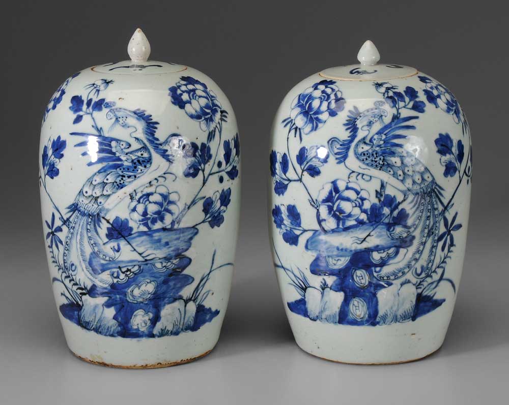 Appraisal: Pair Porcelain Lidded Jars Chinese pale celadon with blue and