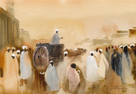 Appraisal: ZBINDEN ELLIS Arabs in the market Watercolour Signed lower right