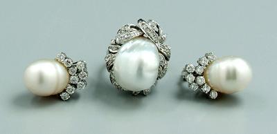 Appraisal: Three pieces diamond pearl jewelry lady s ring silvery white