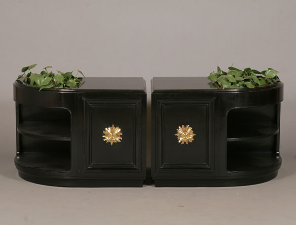 Appraisal: Hollywood Regency curved black lacquer cabinet side tables with planter