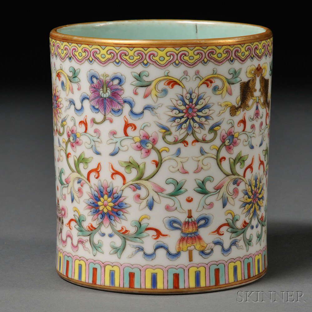 Appraisal: Famille Rose Brush Pot China cylindrical decorated with the eight