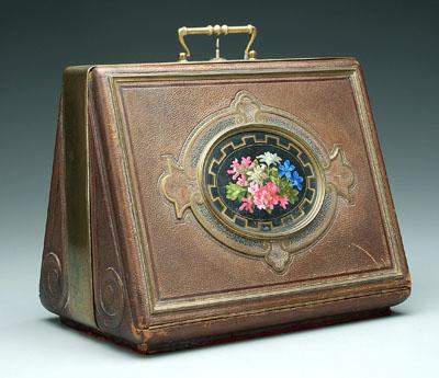 Appraisal: Victorian briefcase brass mounted leather one side panel with painted