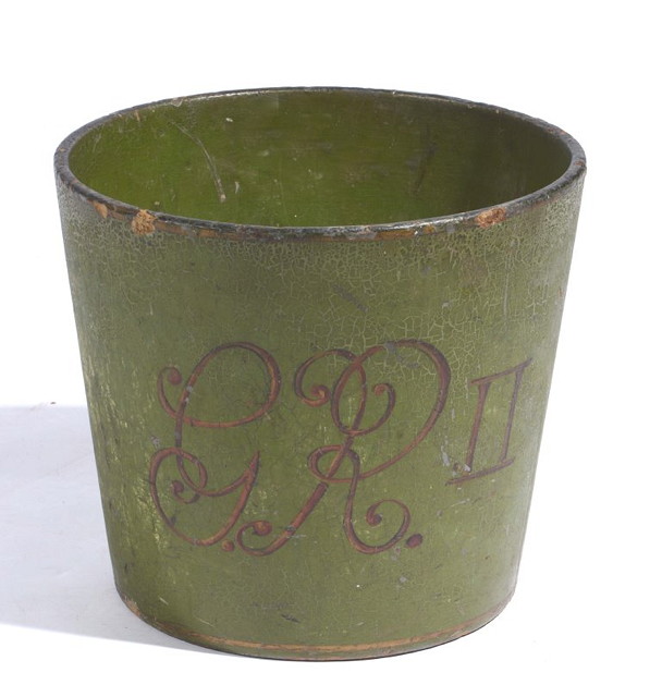 Appraisal: A GREEN PAINTED WOOD PLAIN BUCKET with engraved monogramme GRII