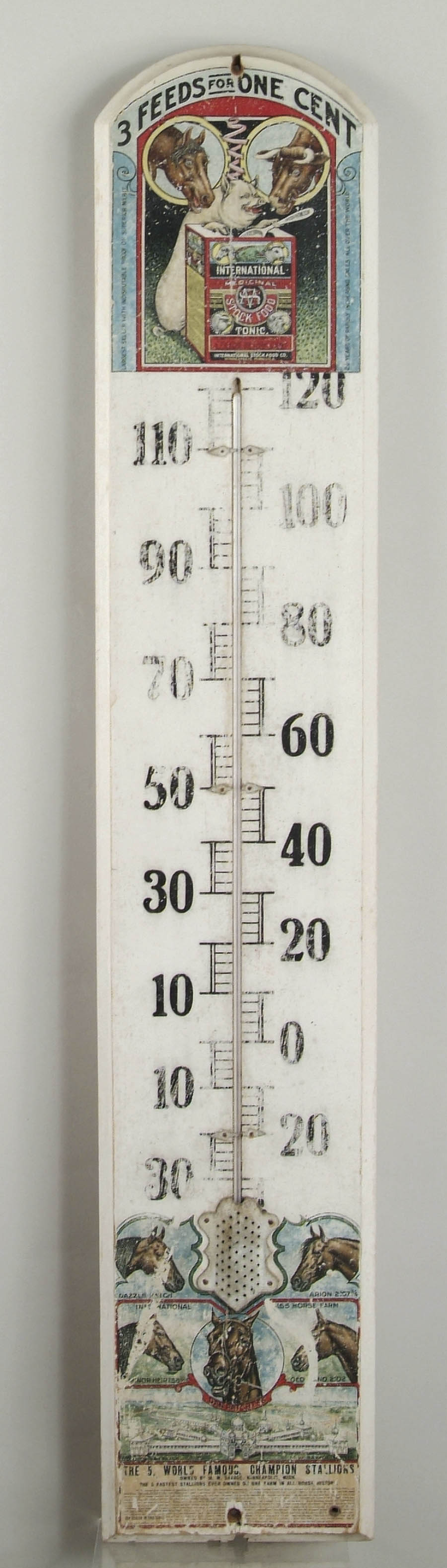 Appraisal: INTERNATIONAL STOCK FOOD THERMOMETER Seldom found oversized wooden thermometer featuring