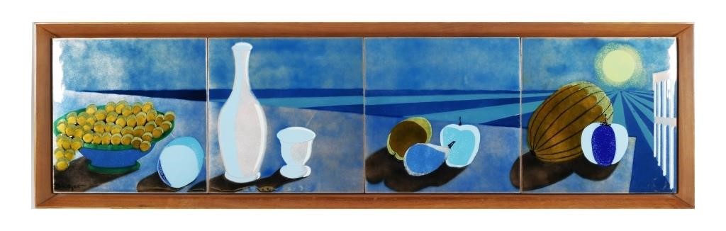 Appraisal: Mid-century Modern four panel enamel on copper surrealist still life