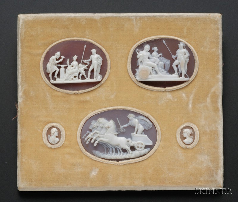 Appraisal: Five Carved Shell Cameos in Common Velvet Mount late th