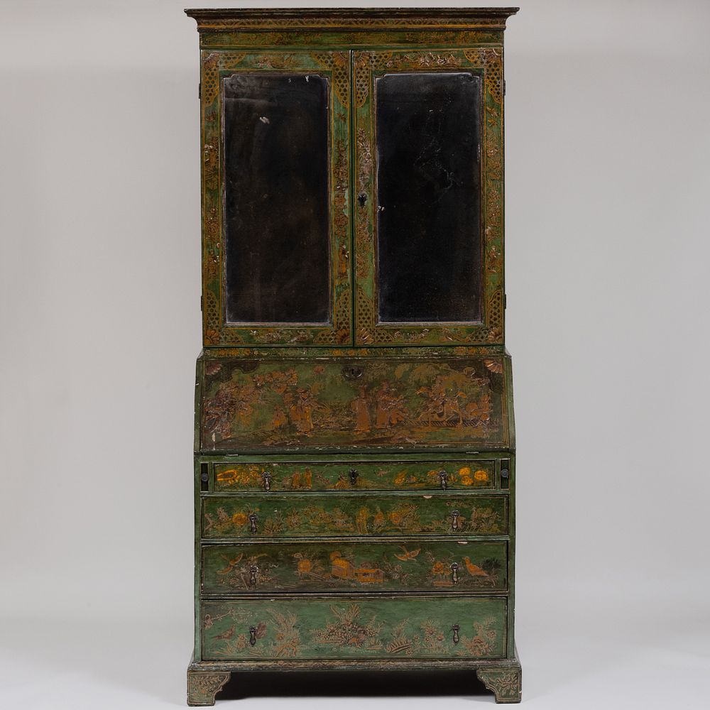 Appraisal: George II Green Japanned and Parcel-Gilt Slant-Front Secretary In two