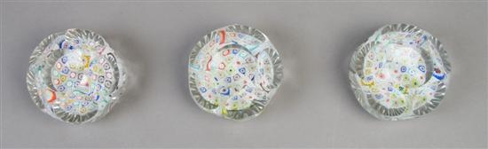 Appraisal: A Collection of Three Faceted Millefiori Paperweights Diameter inches