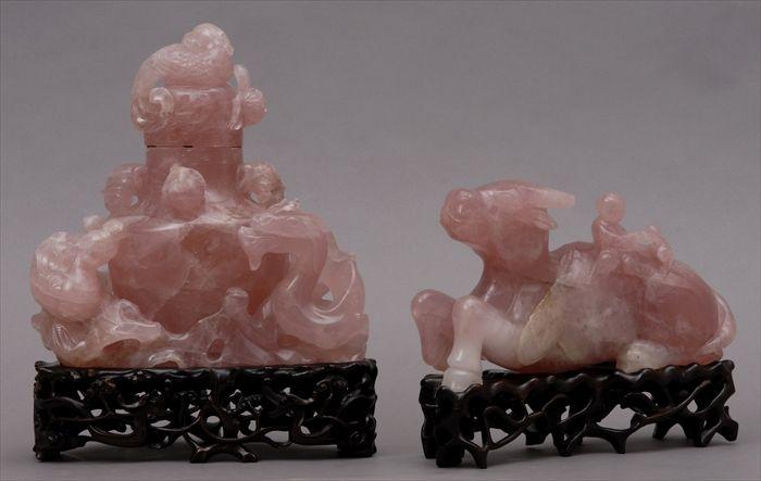 Appraisal: TWO CHINESE CARVED ROSE QUARTZ TABLE ARTICLES Comprising a censer