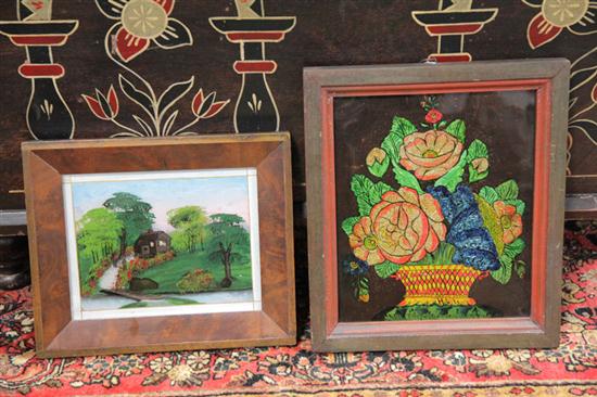 Appraisal: TWO FOLKSY PICTURES American th century Reverse painted landscape with