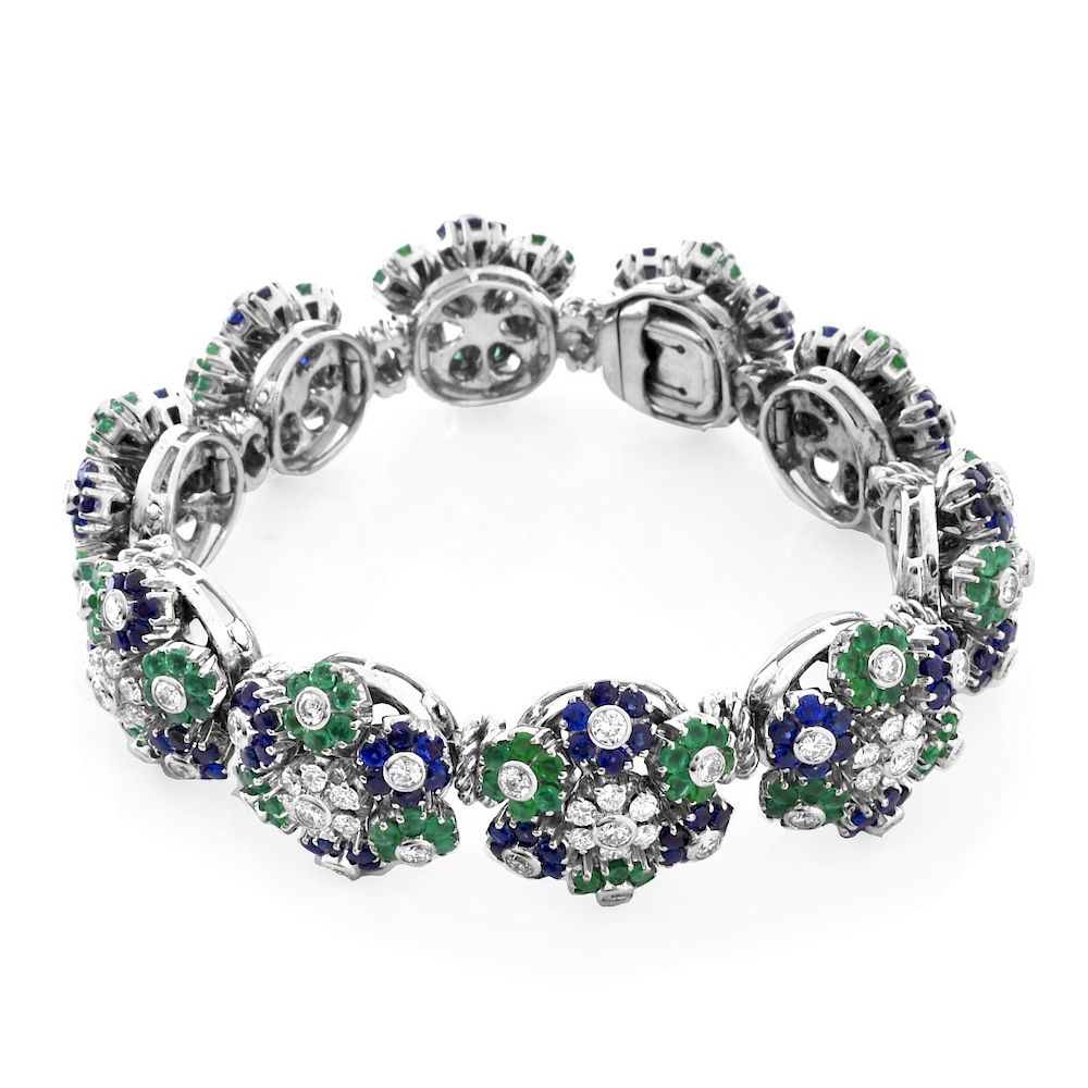 Appraisal: Diamond Emerald Sapphire Platinum Bracelet Vintage French Approx Carat TW