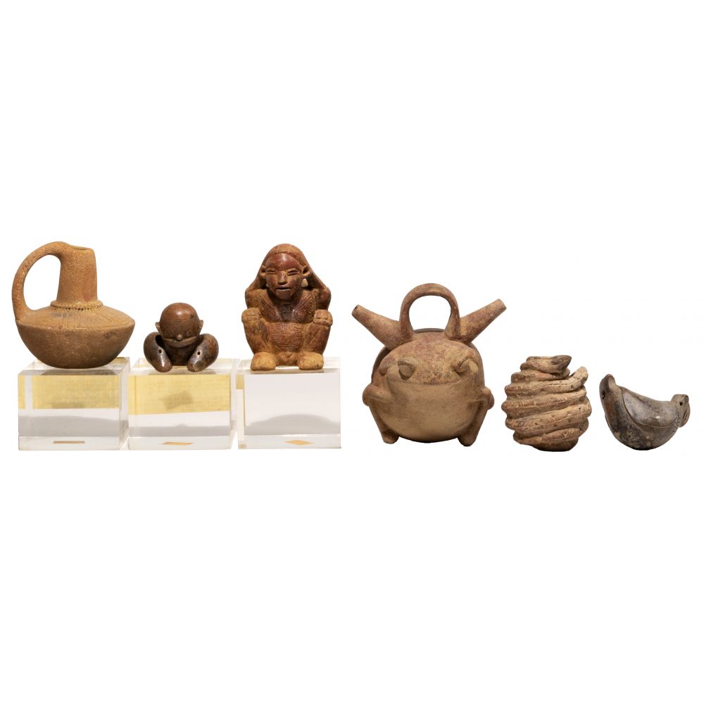 Appraisal: PRE-COLUMBIAN STYLE POTTERY ASSORTMENT items including vessels and whistles attached