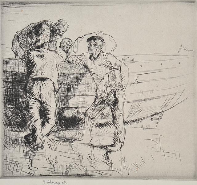 Appraisal: EDMUND BLAMPIED British - Normandy Fishermen etching x cm No