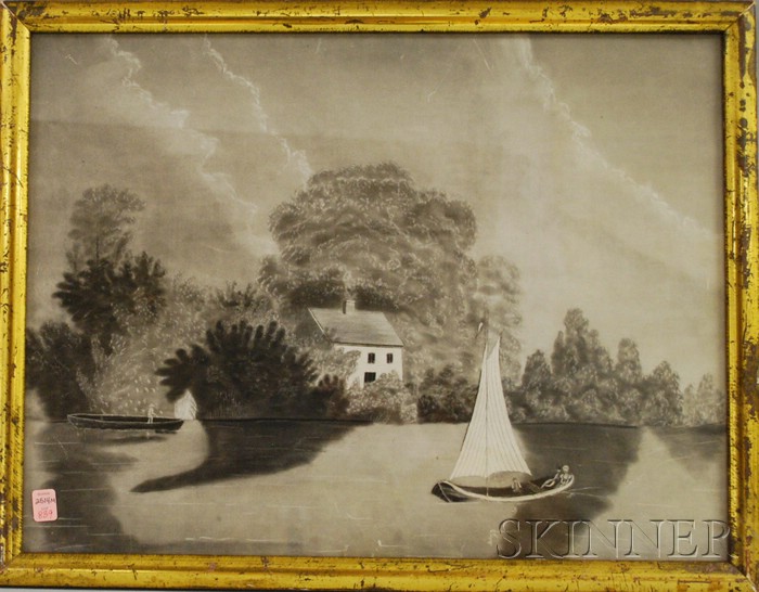 Appraisal: Framed th Century American School Sandpaper River View with Sailboat