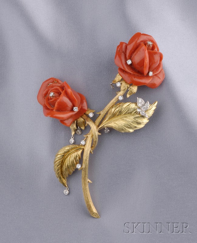 Appraisal: kt Gold Coral and Diamond Rose Brooch Designed by Charles