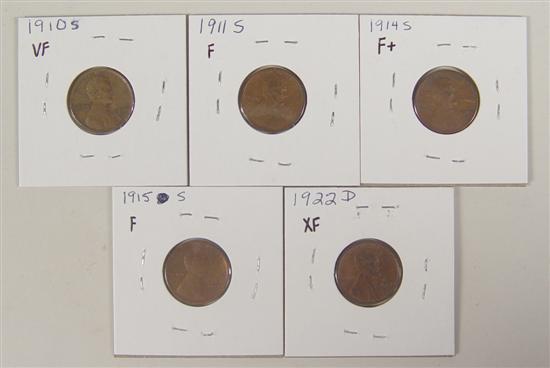 Appraisal: Five Much Better Date Lincoln Cents -S VF -S F