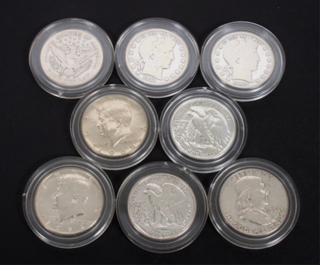 Appraisal: Eight U S silver half dollars of various types comprising