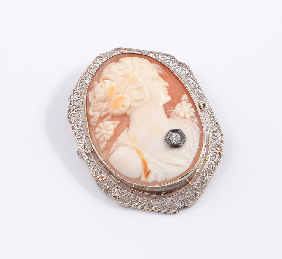 Appraisal: LARGE k CAMEO HABILLE PENDANT BROOCH Filigree K framed carved