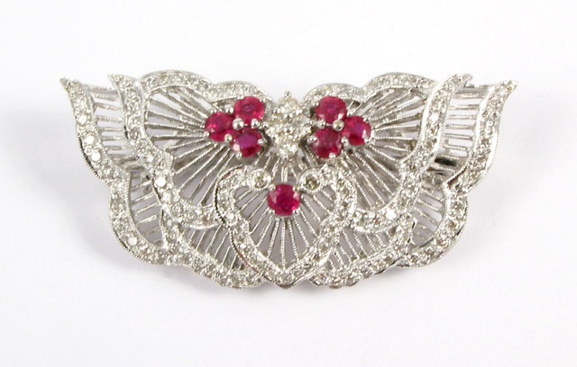 Appraisal: RUBY DIAMOND AND WHITE GOLD BROOCH k white gold with