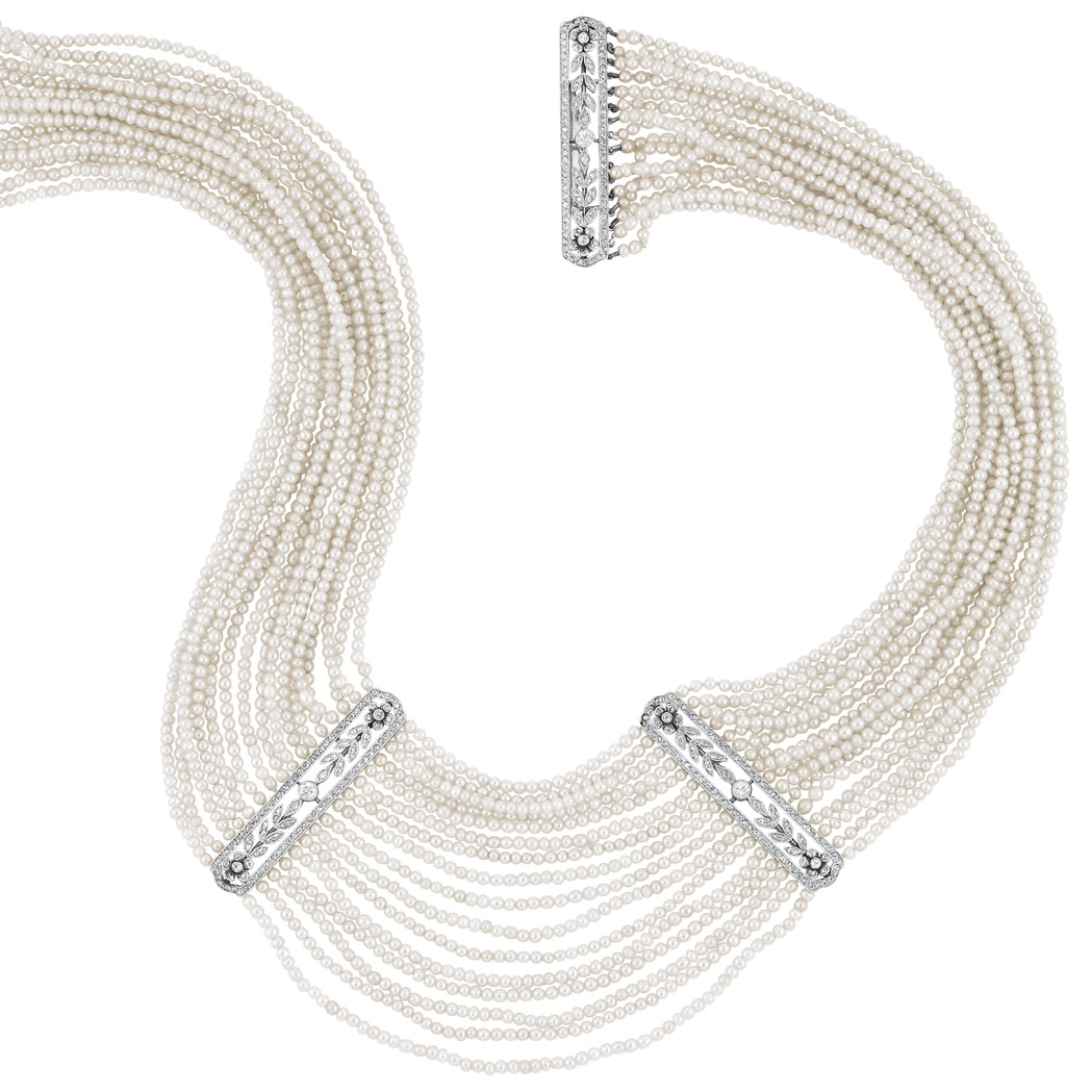 Appraisal: Belle Epoque Sixteen Strand Pearl Platinum and Diamond Necklace The