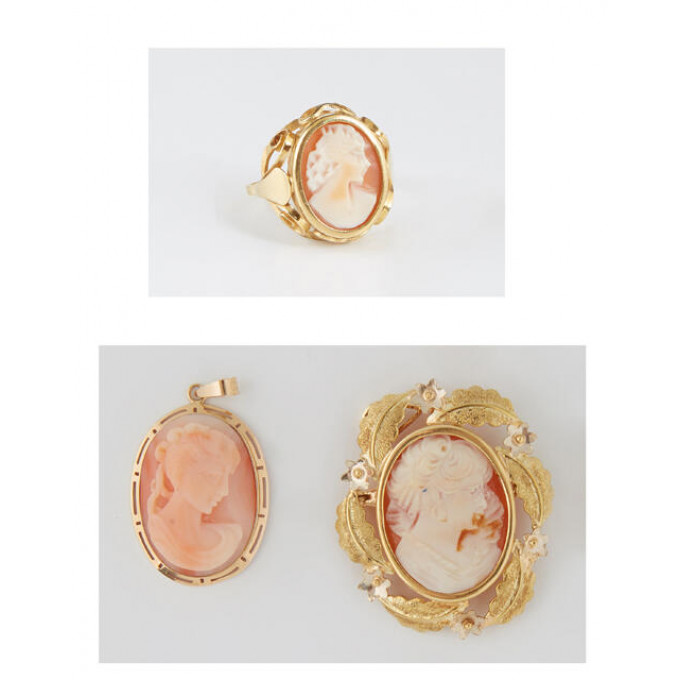 Appraisal: Three Pieces of Vintage K Yellow Gold Cameo Jewelry early