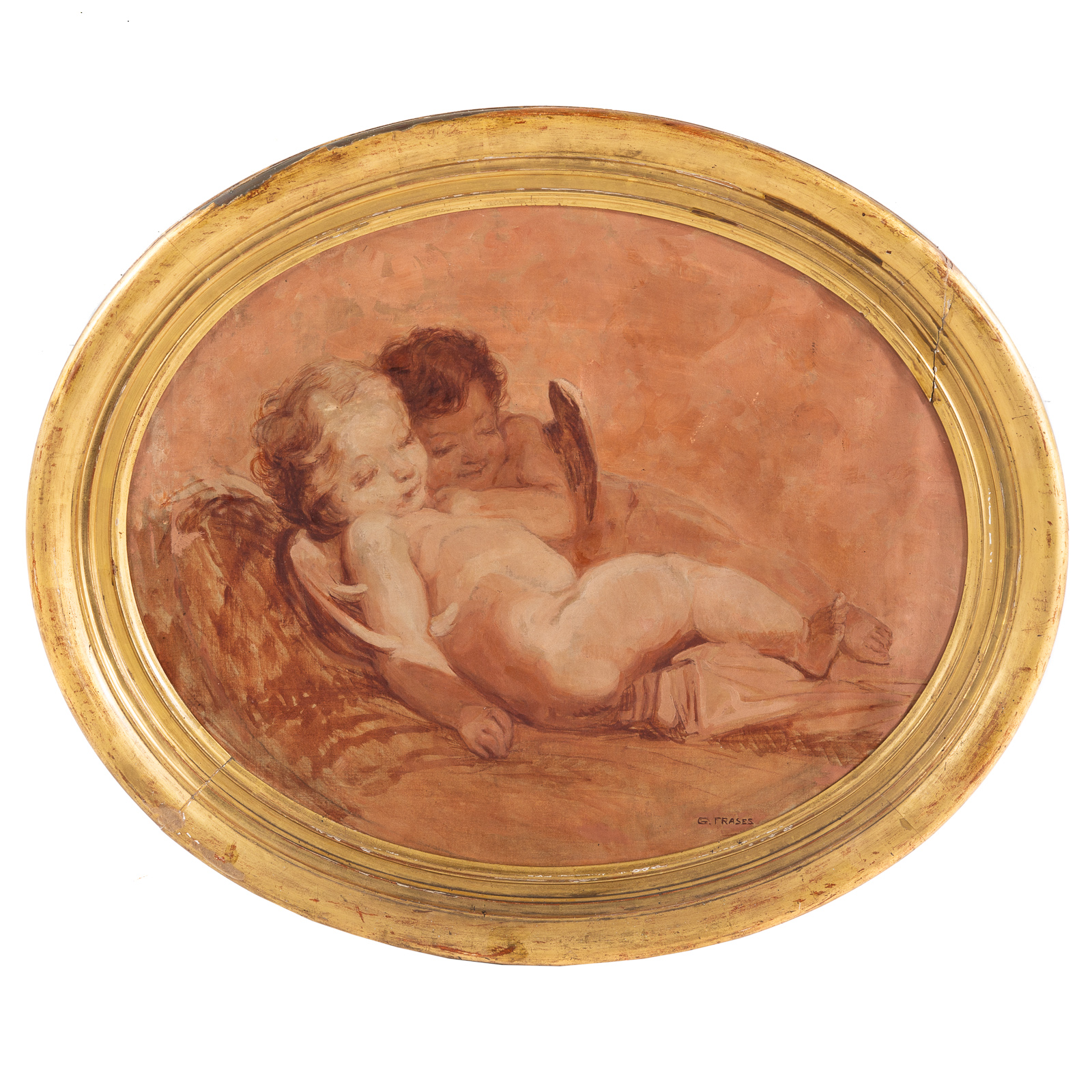 Appraisal: G FRASES CHERUBS EMBRACING OIL French th century Oil on