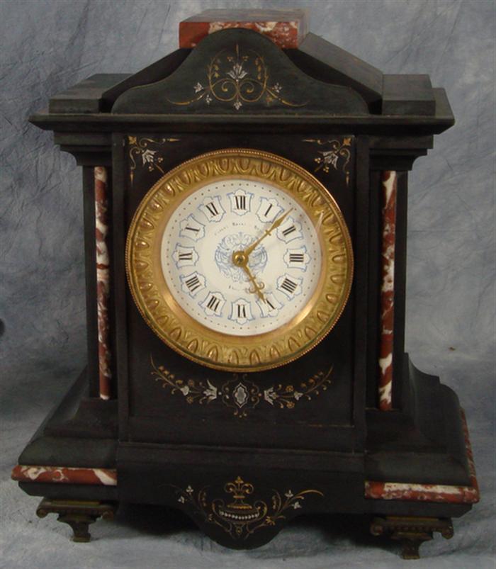 Appraisal: Marble inlaid black onyx Fench mantle clock blue enameled dial