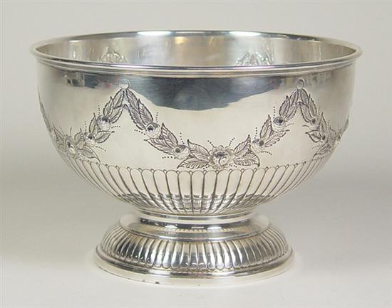 Appraisal: English Hand Chased Silverplate Punchbowl Floral wreaths above reeded bowl