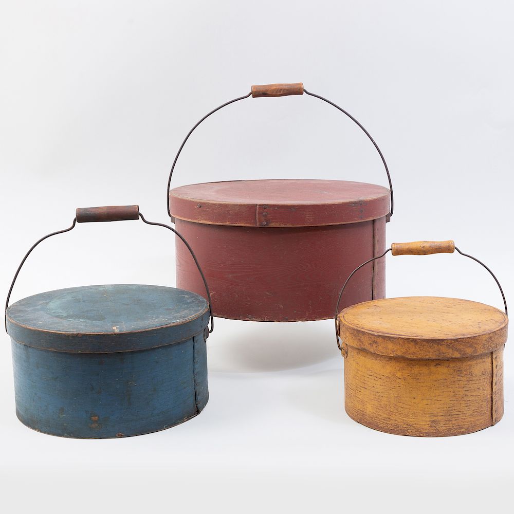 Appraisal: Three American Painted Wood Circular Boxes and Covers with Metal