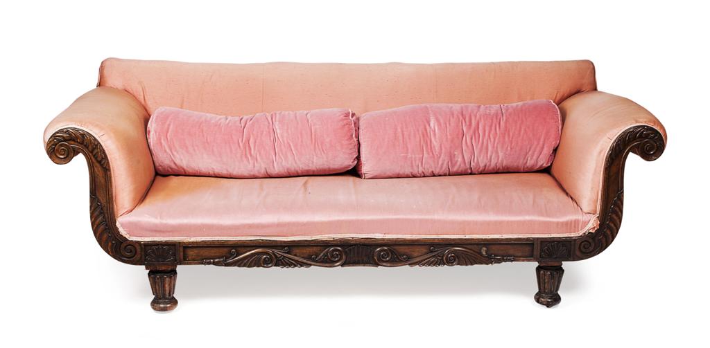 Appraisal: GEORGE IV ROSEWOOD AND UPHOLSTERED SOFA CIRCA the low scroll