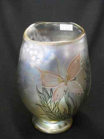 Appraisal: Enameled Art Glass Vase insects butterfly and snails on iridescent