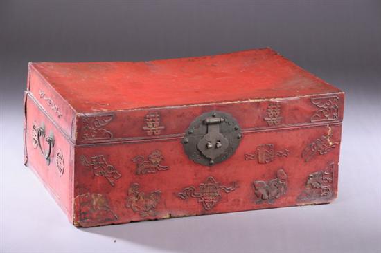 Appraisal: CHINESE RED LACQUERED PIGSKIN TRUNK - in x in x